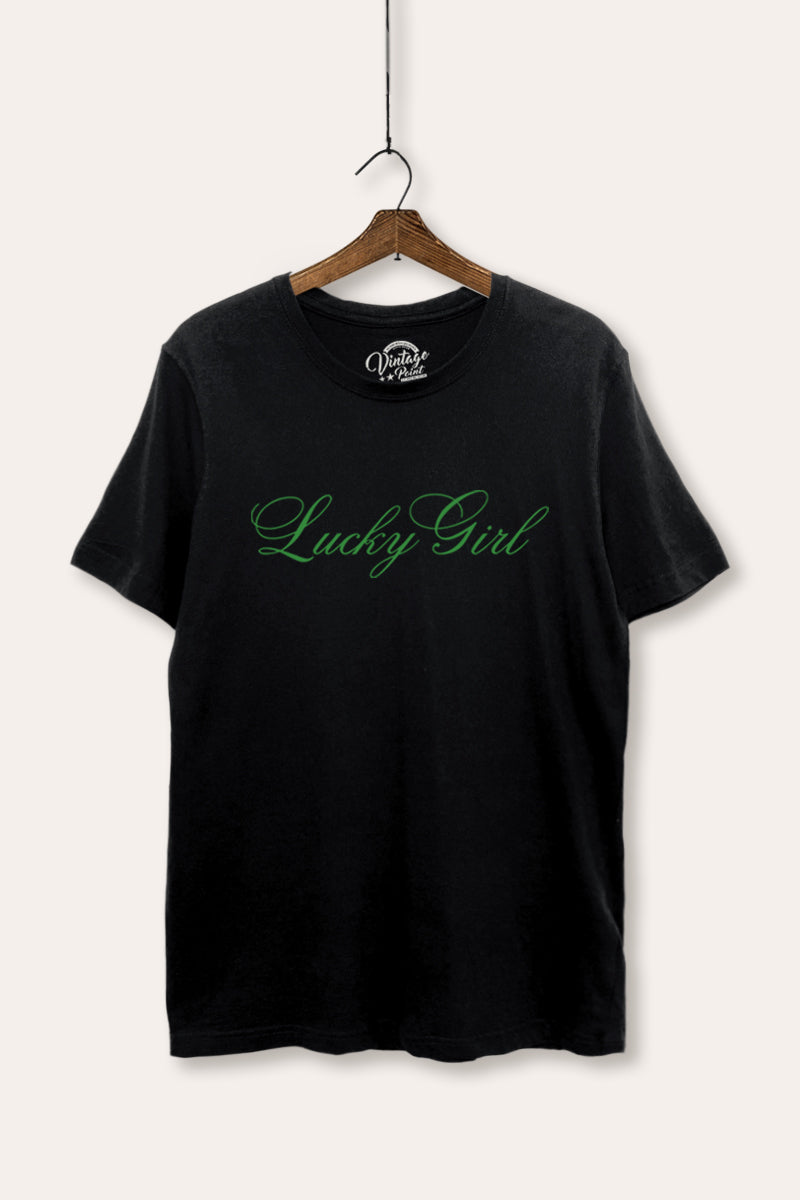 Lucky Girl Cursive Typography Women's Basic Casual Tee