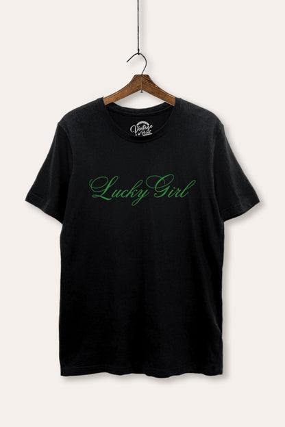 Lucky Girl Cursive Typography Women's Basic Casual Tee