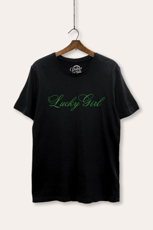 Lucky Girl Cursive Typography Women's Basic Casual Tee