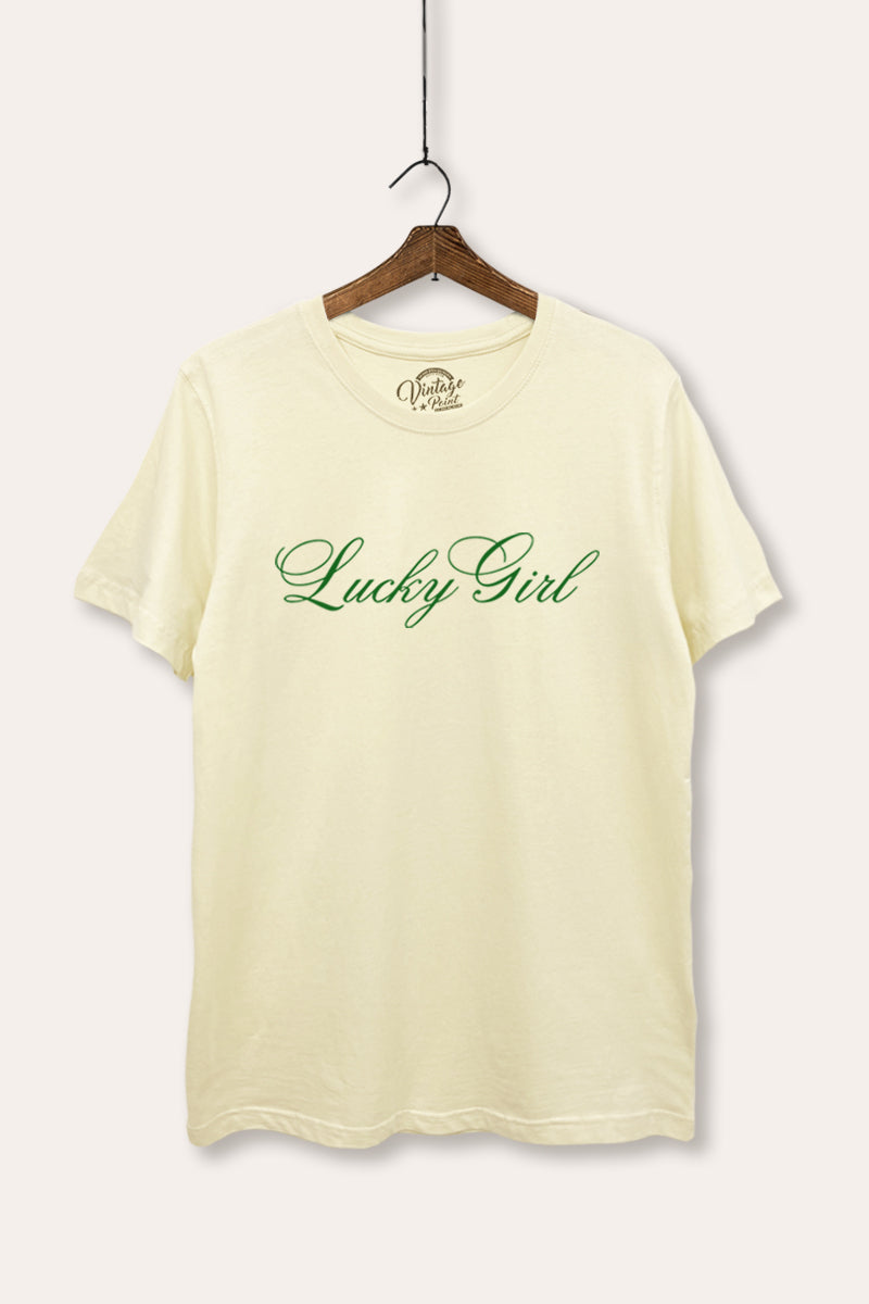 Lucky Girl Cursive Typography Women's Basic Casual Tee