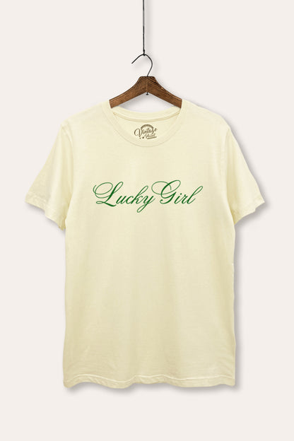 Lucky Girl Cursive Typography Women's Basic Casual Tee