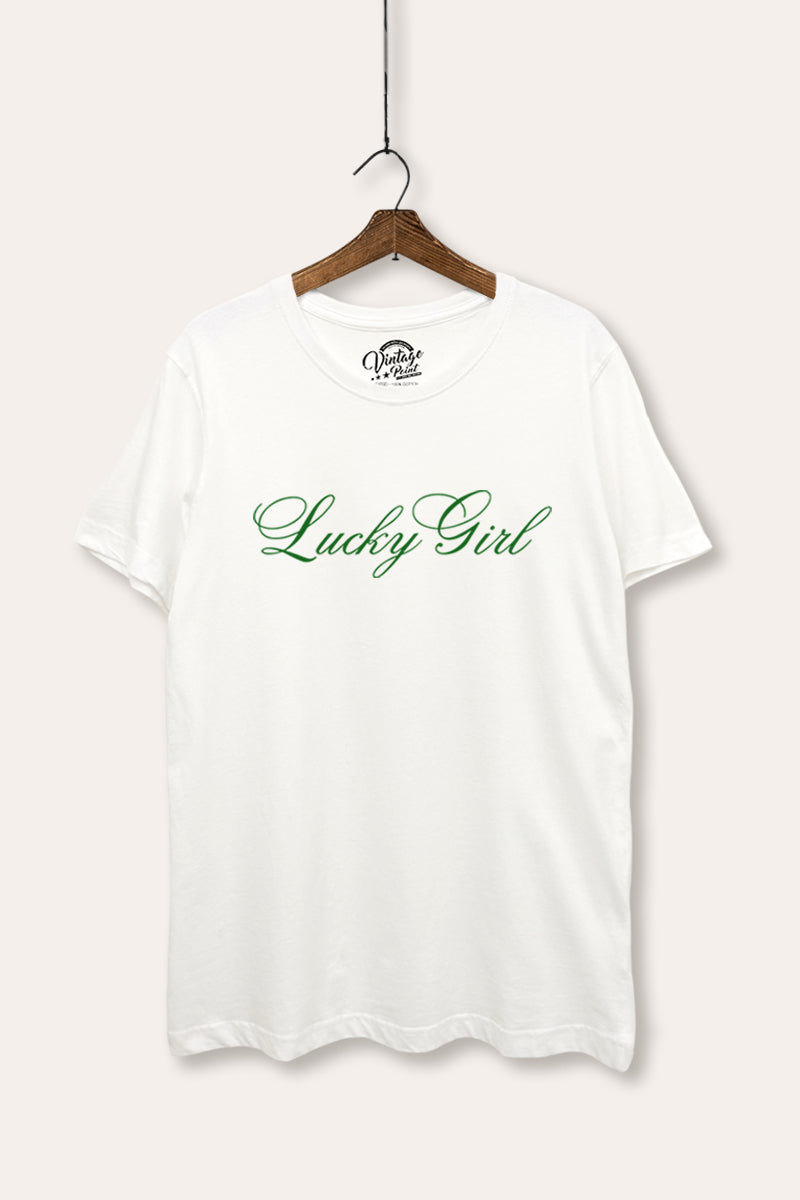 Lucky Girl Cursive Typography Women's Basic Casual Tee