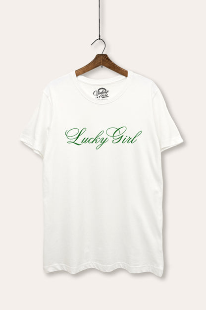 Lucky Girl Cursive Typography Women's Basic Casual Tee
