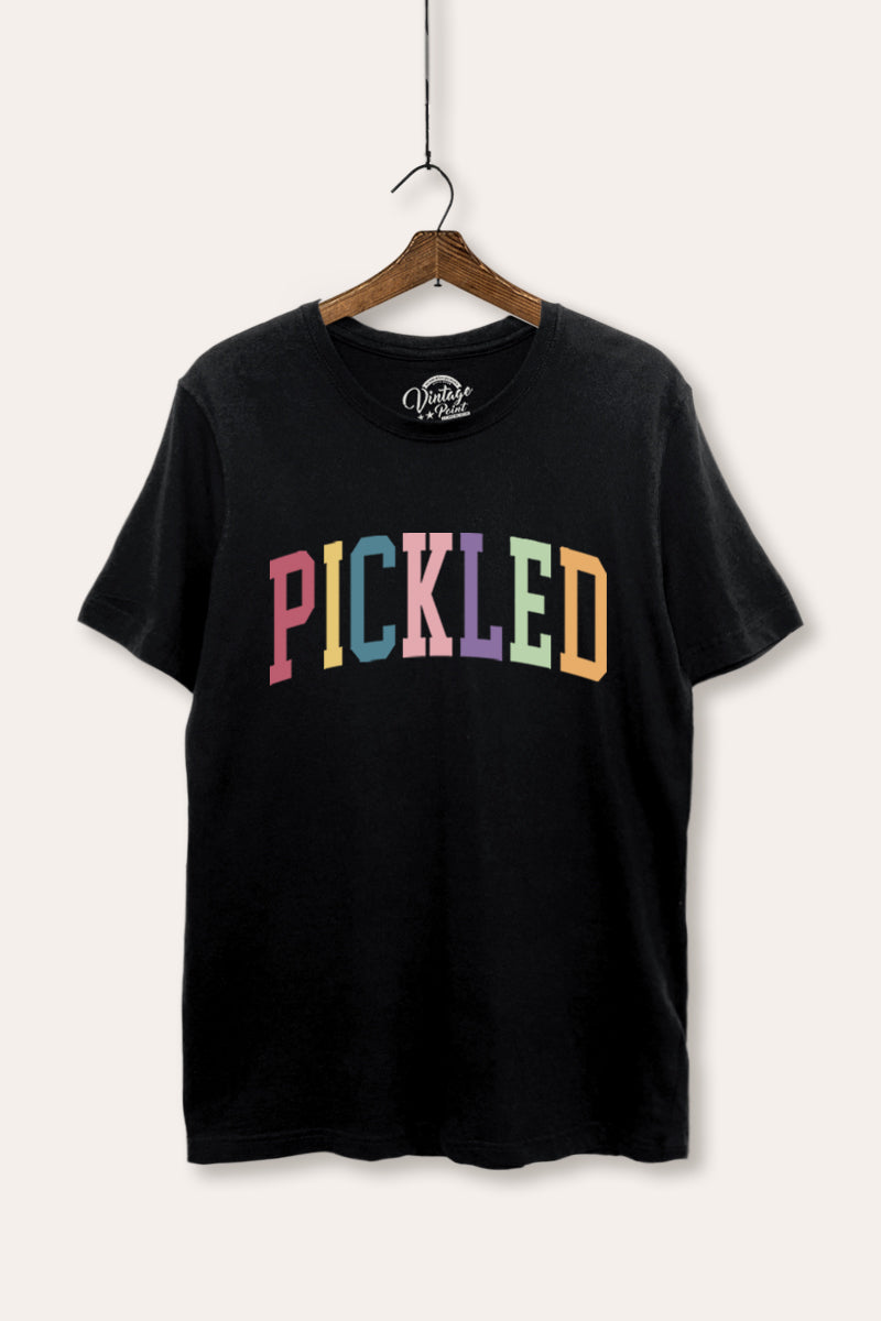 "pickled" rainbow text graphic women's basic tee