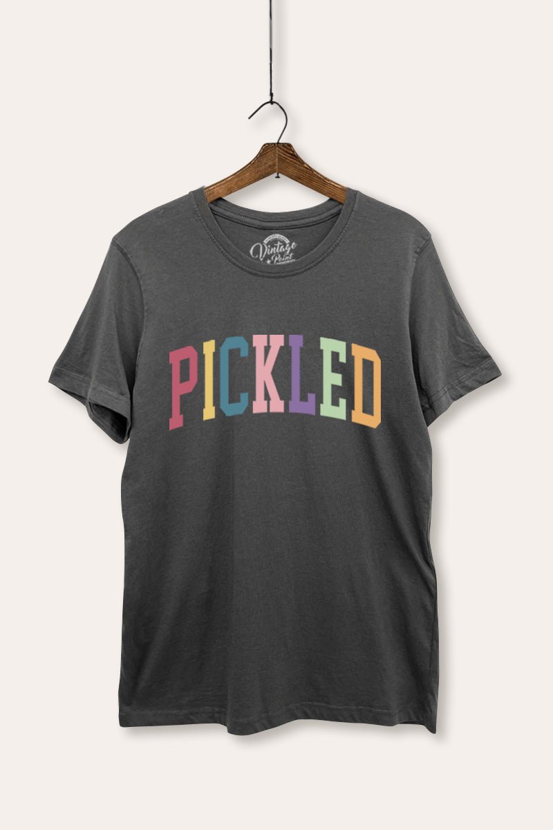 "pickled" rainbow text graphic women's basic tee
