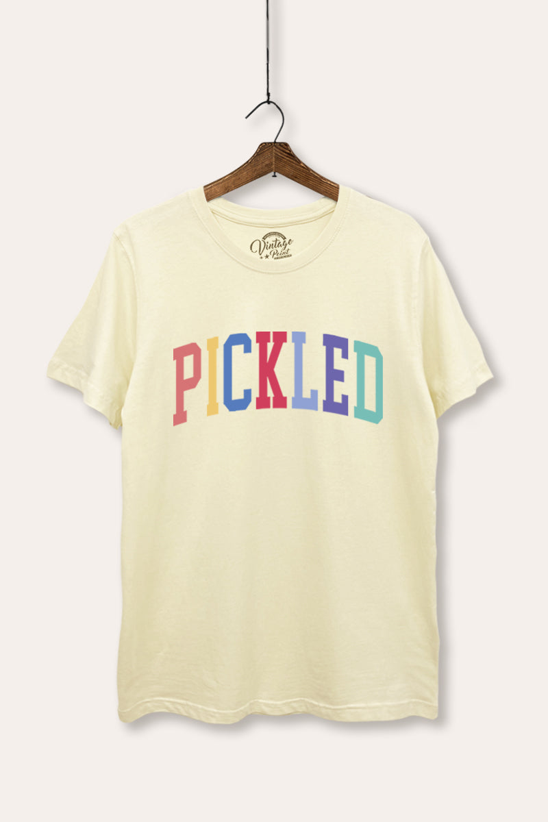 "pickled" rainbow text graphic women's basic tee