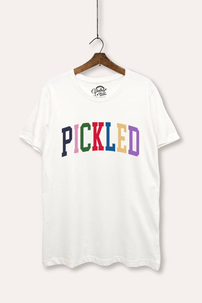 "pickled" rainbow text graphic women's basic tee
