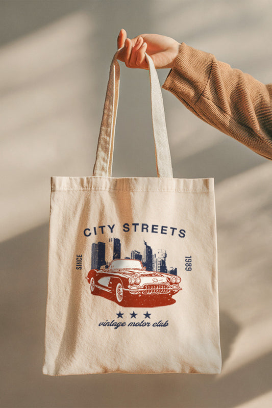 Vintage Motor City Streets Graphic Canvas Tote Bag