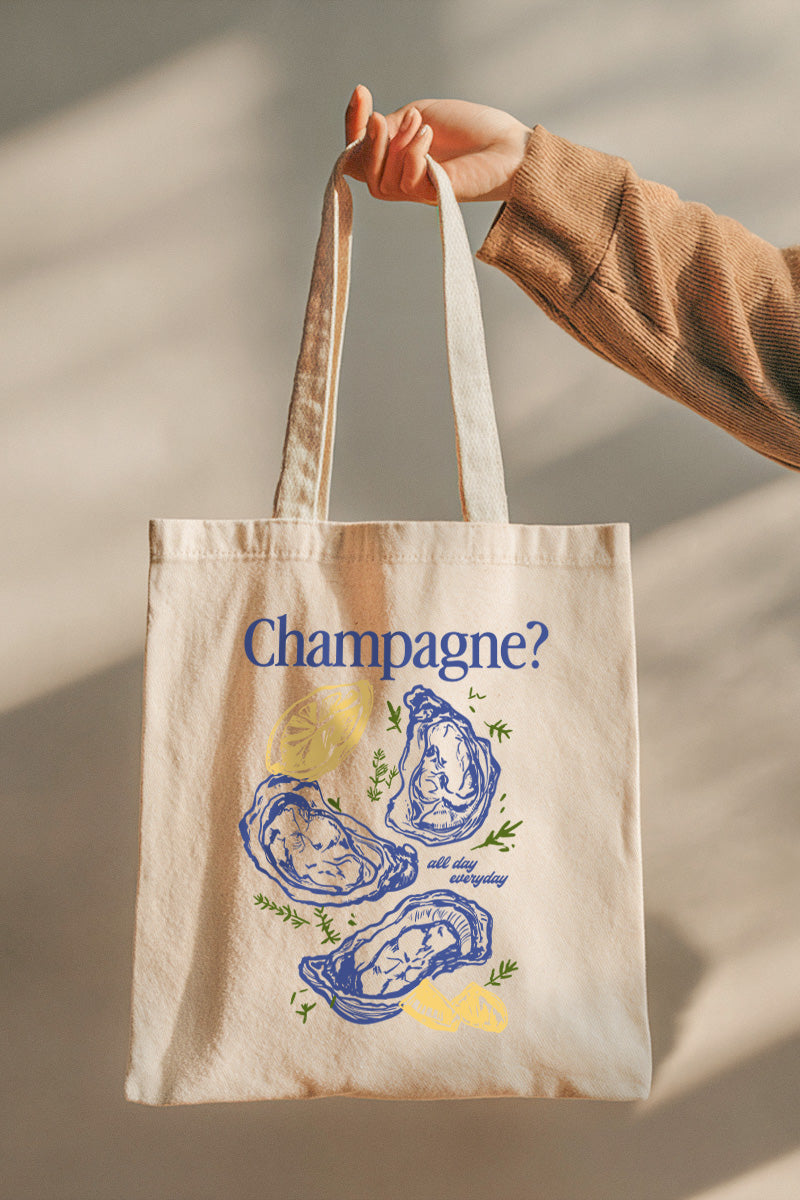 Champagne Oyster Coastal Graphic Canvas Tote Bag