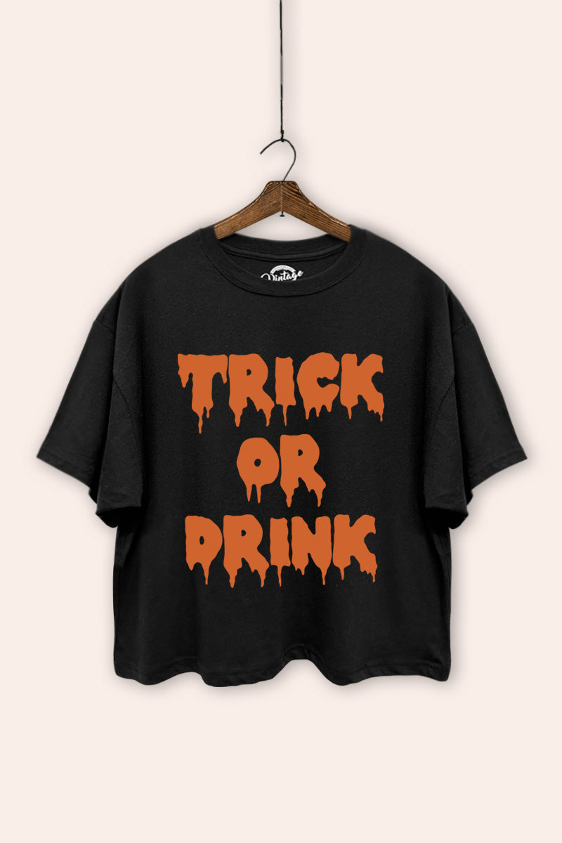"trick or drink" oversized halloween graphic crop top