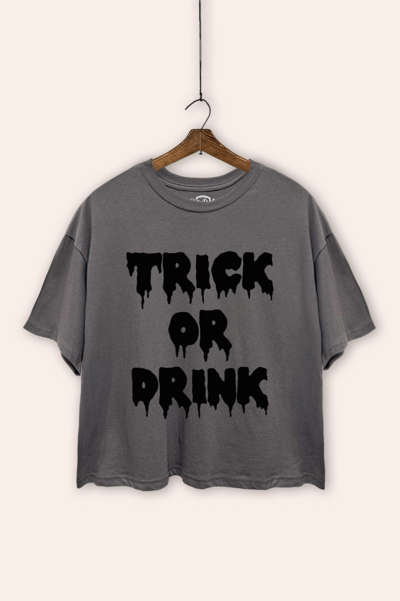 "trick or drink" oversized halloween graphic crop top