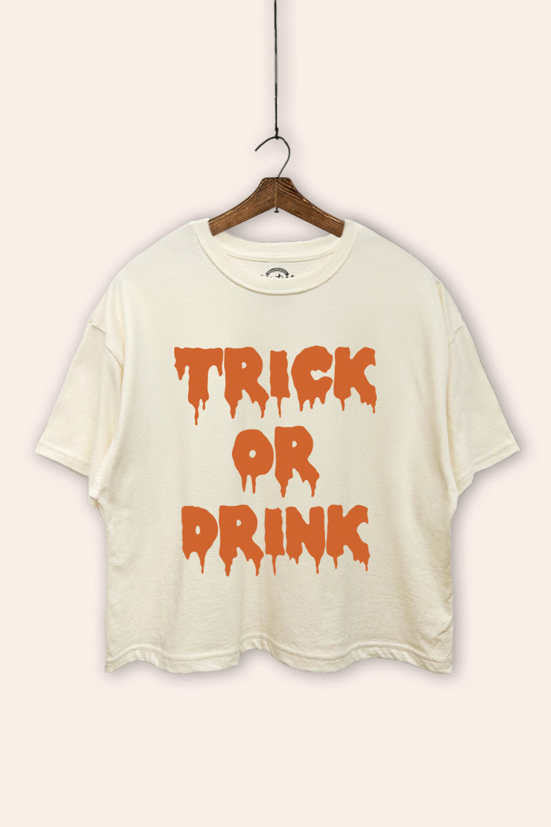 "trick or drink" oversized halloween graphic crop top