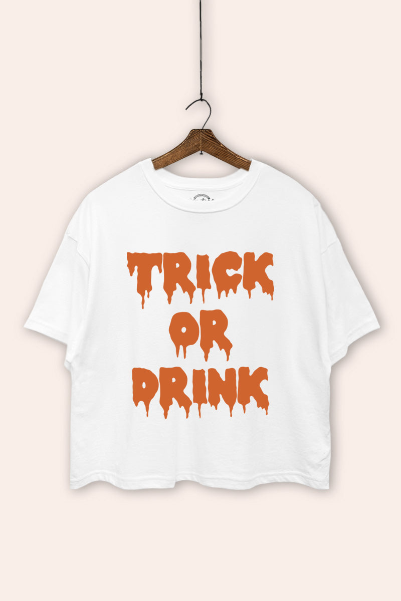 "trick or drink" oversized halloween graphic crop top