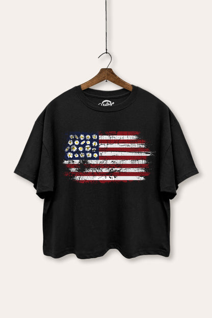 Distressed Floral USA Flag Graphic Boxy Crop Top