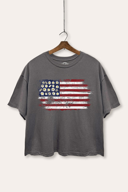 Distressed Floral USA Flag Graphic Boxy Crop Top