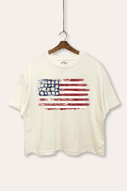 Distressed Floral USA Flag Graphic Boxy Crop Top