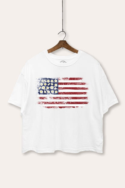 Distressed Floral USA Flag Graphic Boxy Crop Top