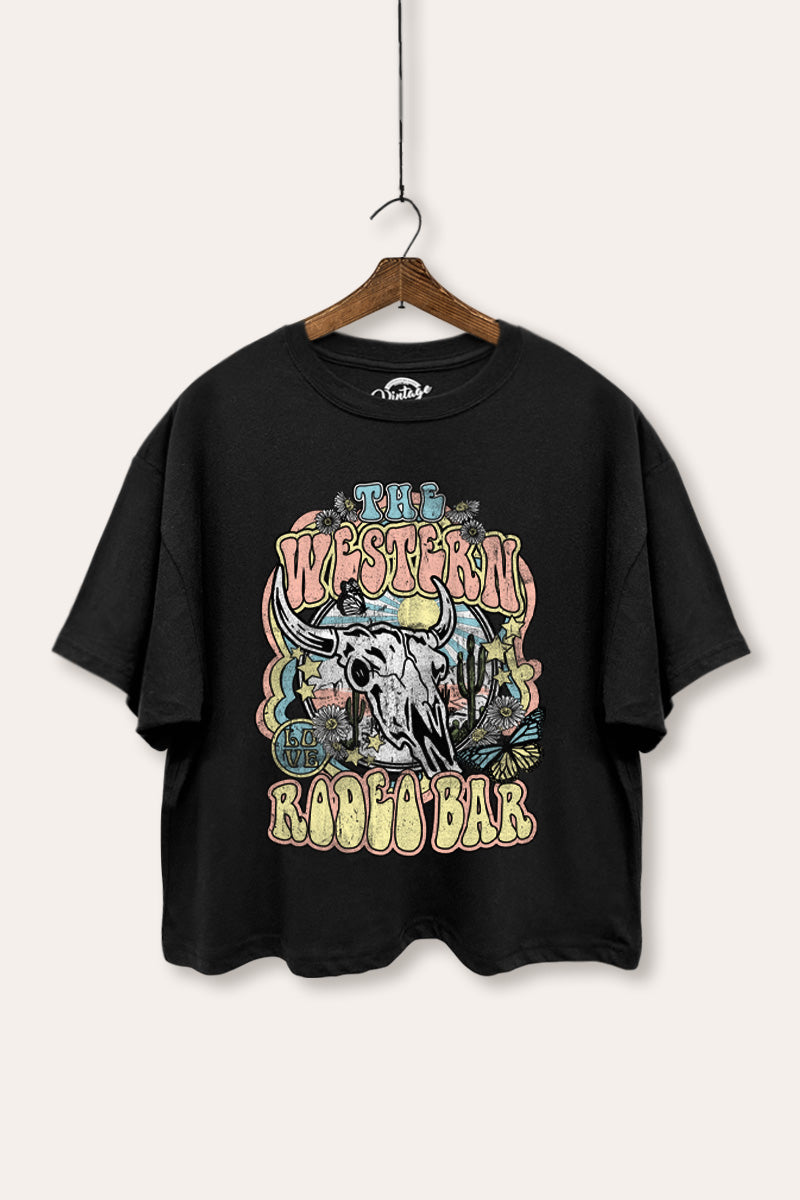 "the western rodeo bar" boxy graphic crop top