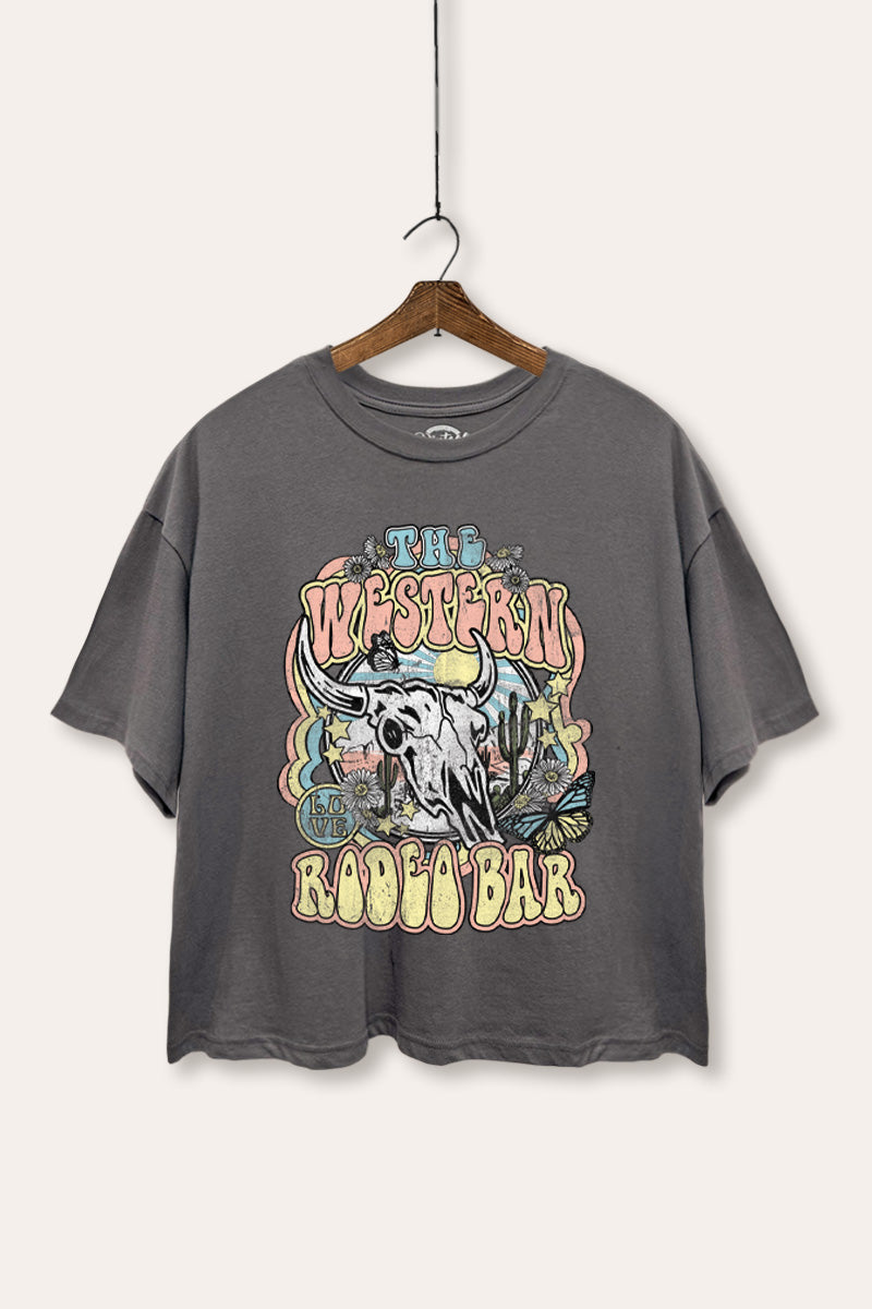 "the western rodeo bar" boxy graphic crop top