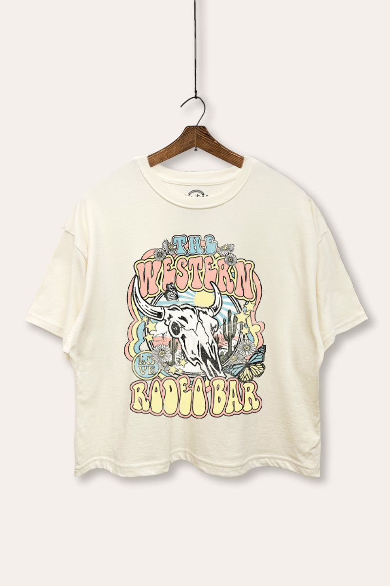 "the western rodeo bar" boxy graphic crop top