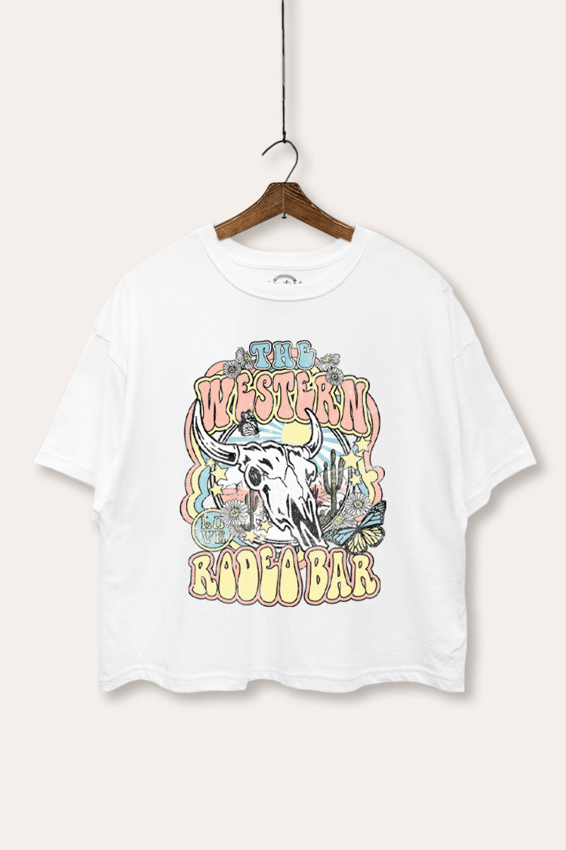 "the western rodeo bar" boxy graphic crop top