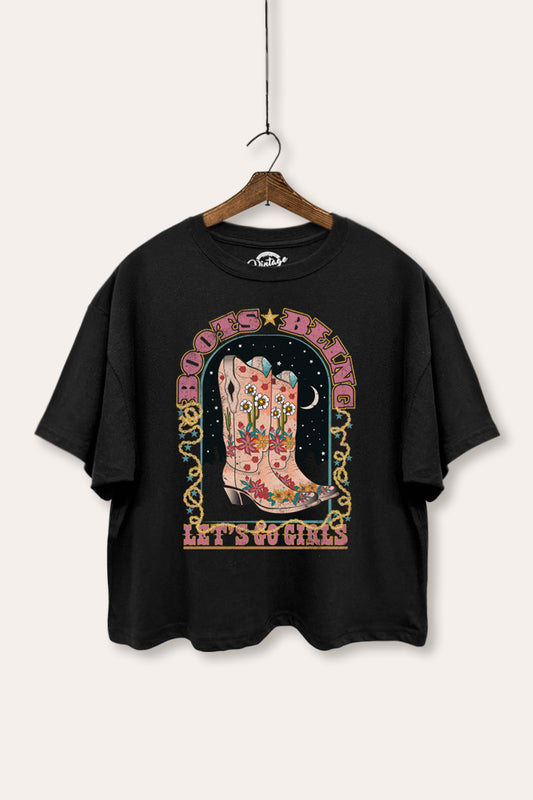 "let's go girls" boots bling boxy graphic crop top