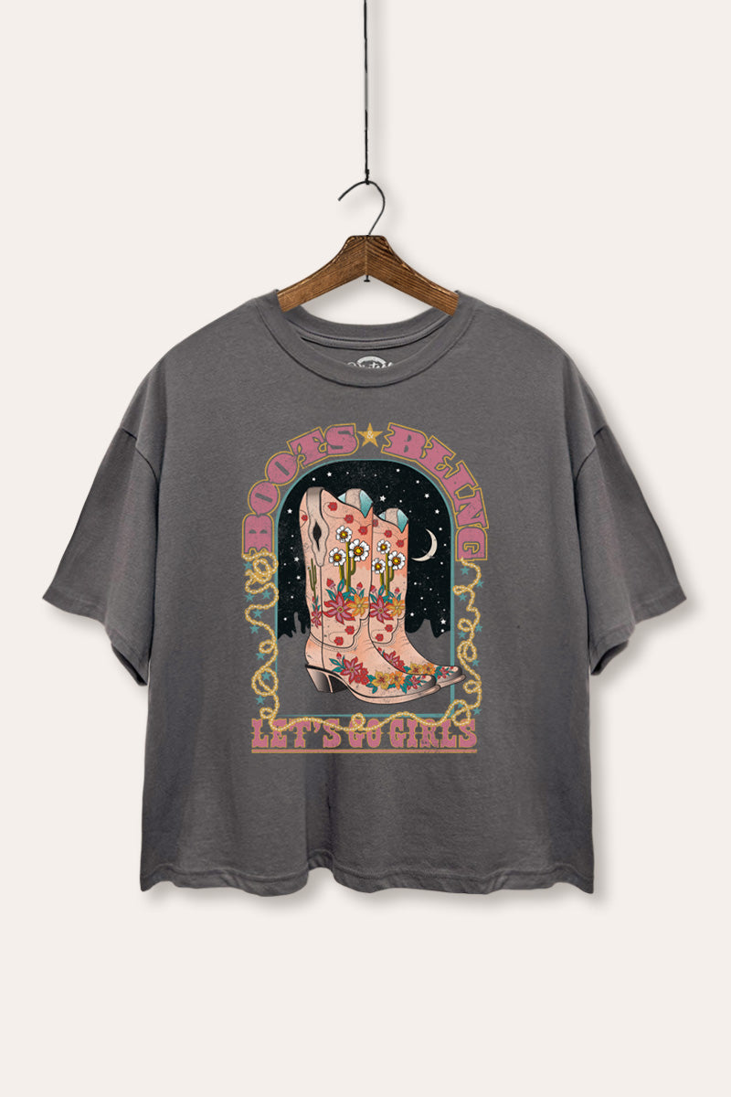 "let's go girls" boots bling boxy graphic crop top