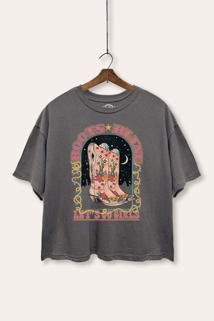 Cowgirl Boots Bling Stars Graphic Boxy Crop Top