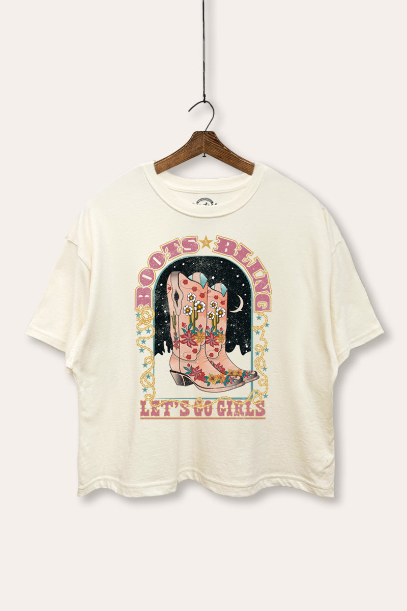 "let's go girls" boots bling boxy graphic crop top