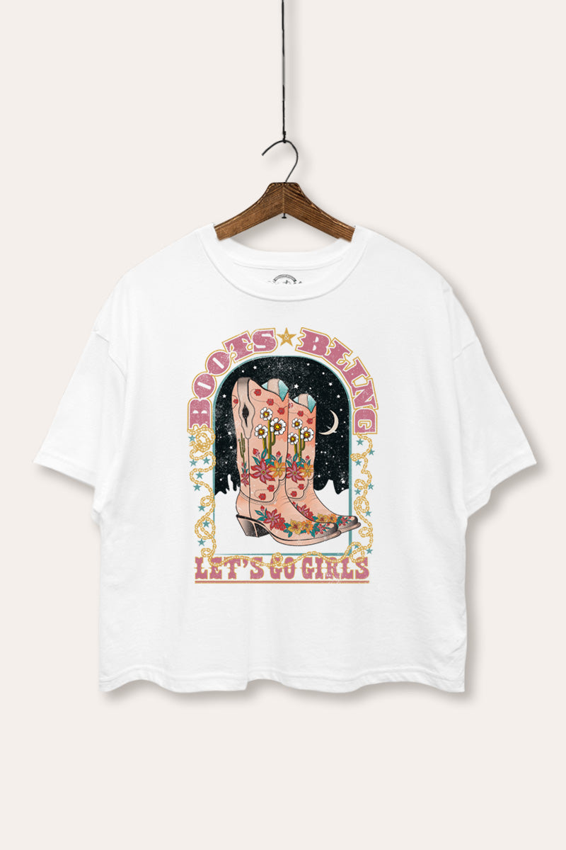 "let's go girls" boots bling boxy graphic crop top