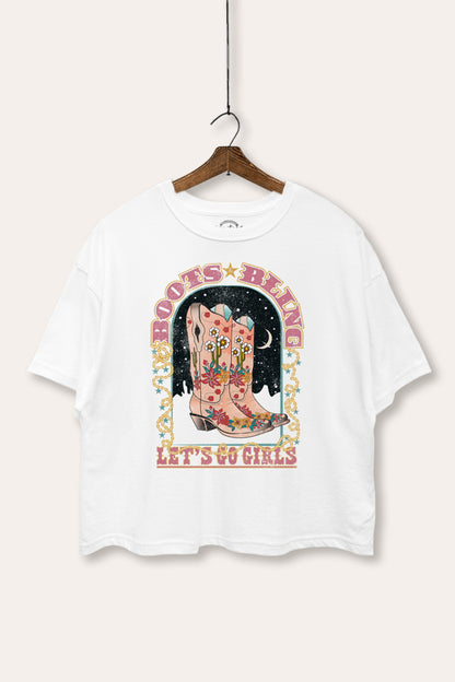 Cowgirl Boots Bling Stars Graphic Boxy Crop Top