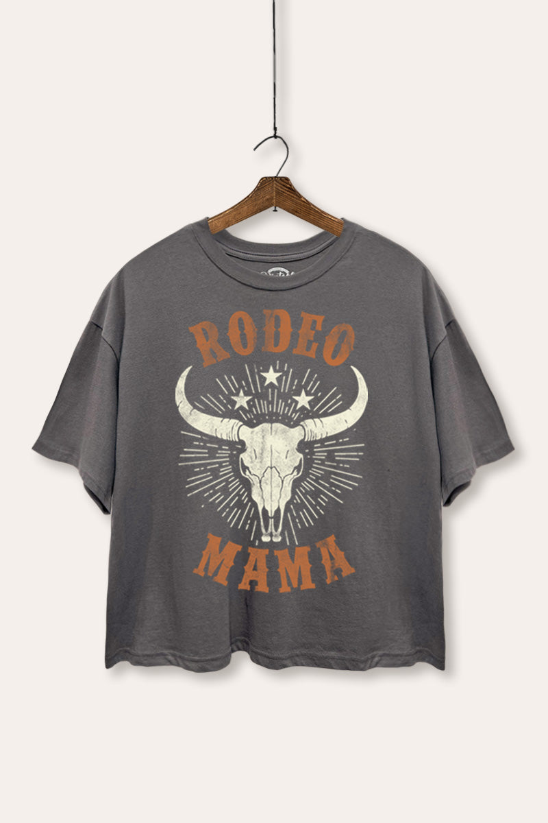 "rodeo mama" cow skull western graphic boxy crop top
