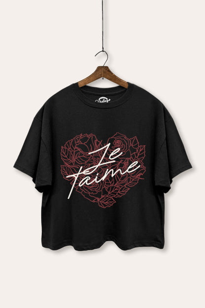 Je T'aime Flower Heart Graphic Boxy Crop Top