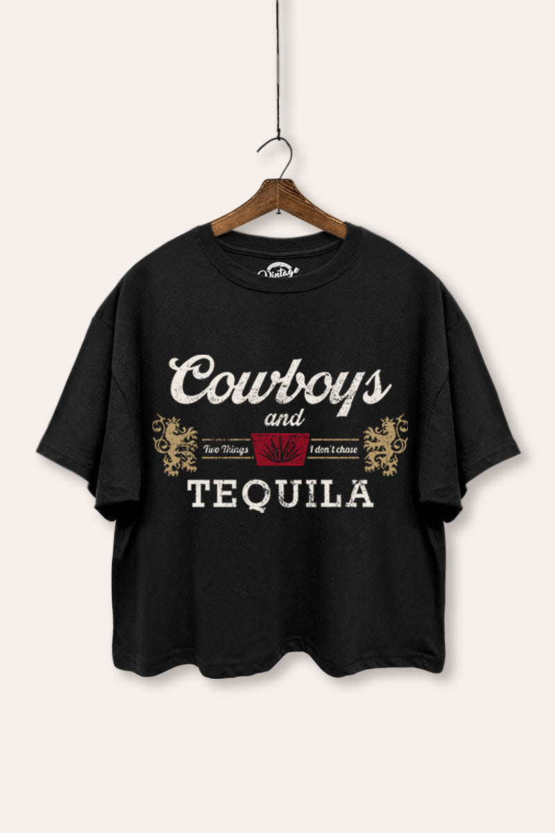 "cowboys & tequila" graphic boxy crop top