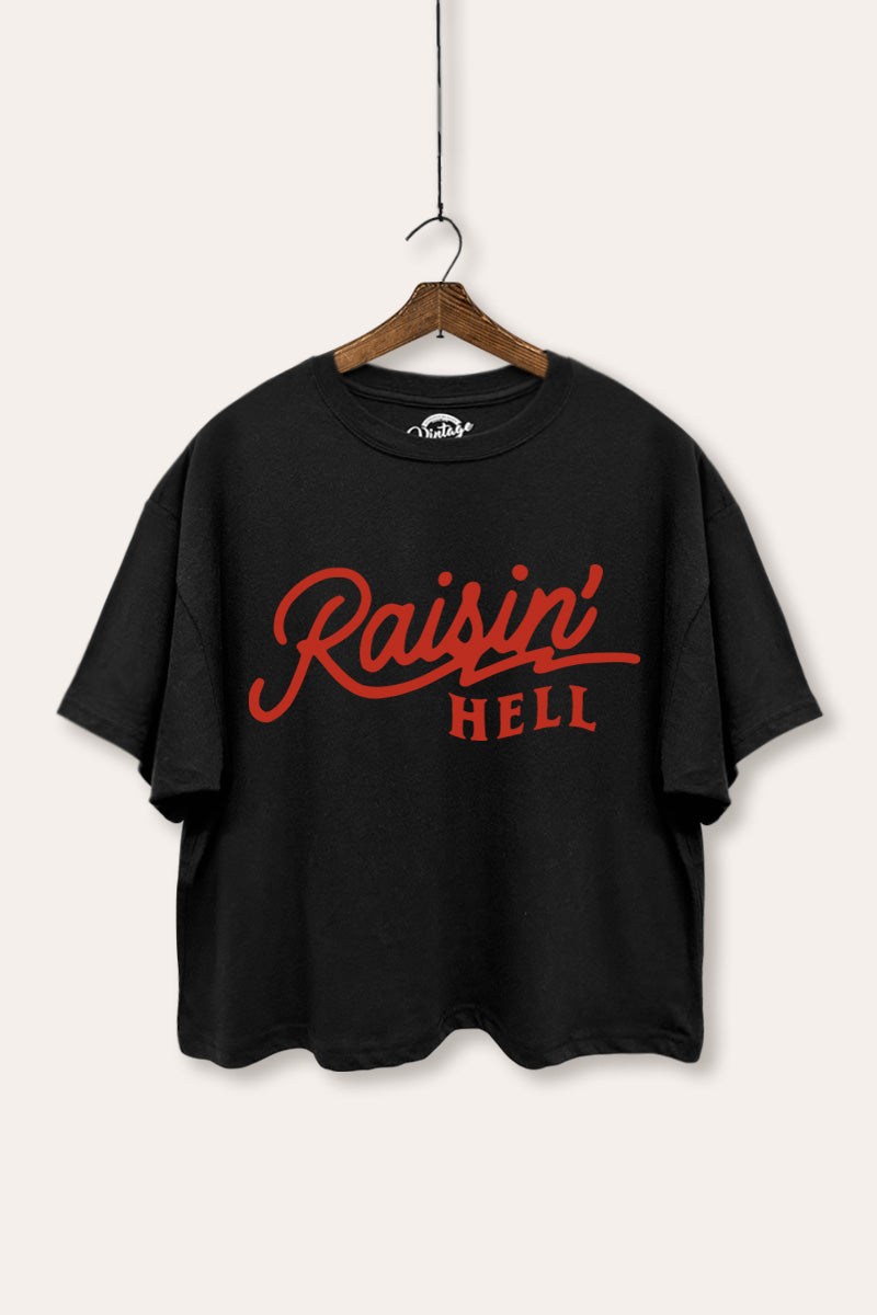 "raisin hell" boxy graphic crop top