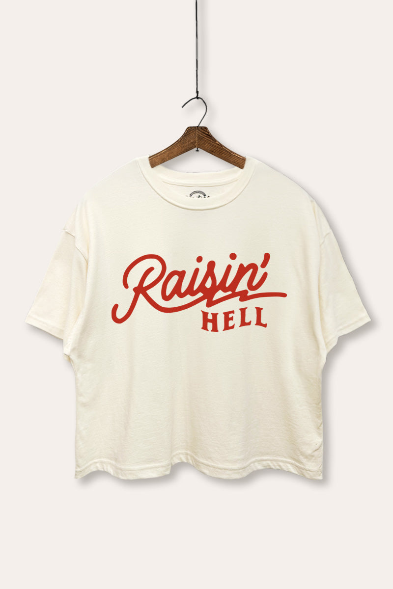 "raisin hell" boxy graphic crop top