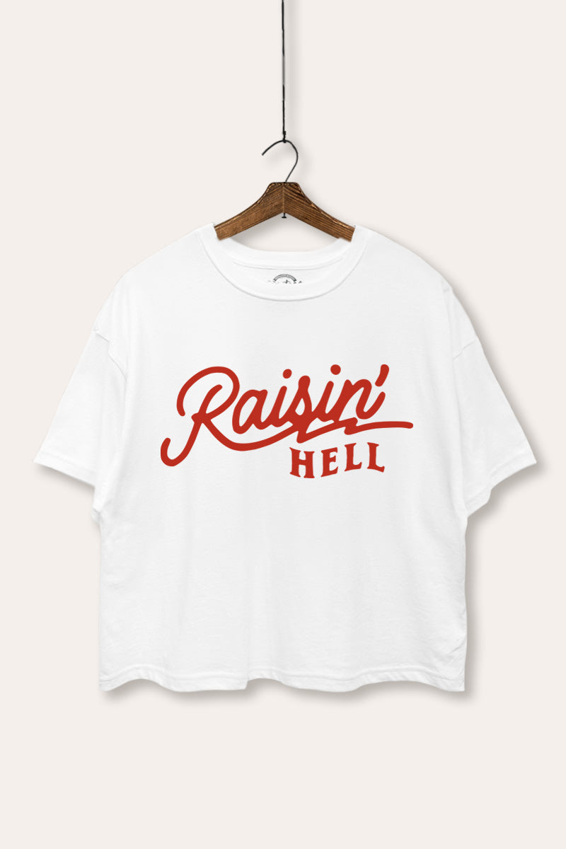 "raisin hell" boxy graphic crop top