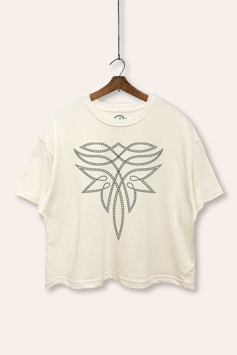 western cowboy boot toe stitch pattern boxy graphic crop top