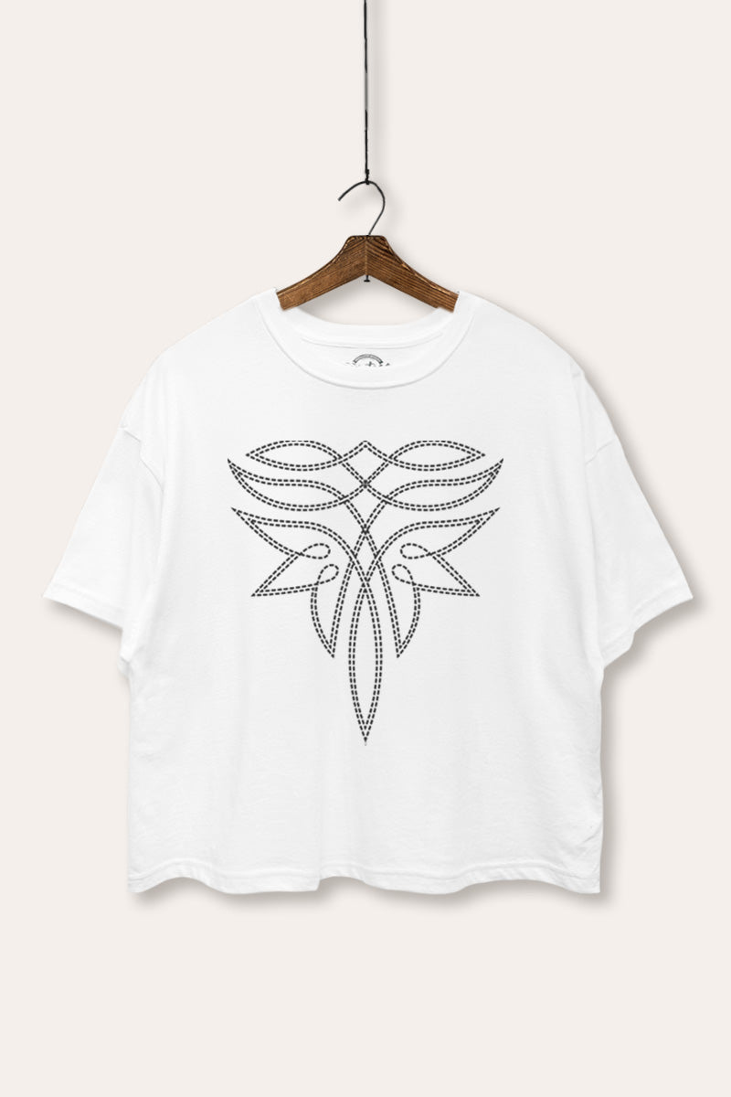 western cowboy boot toe stitch pattern boxy graphic crop top