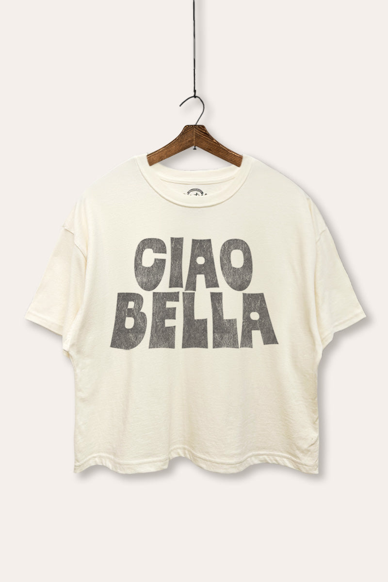 "ciao bella" typography boxy graphic crop top