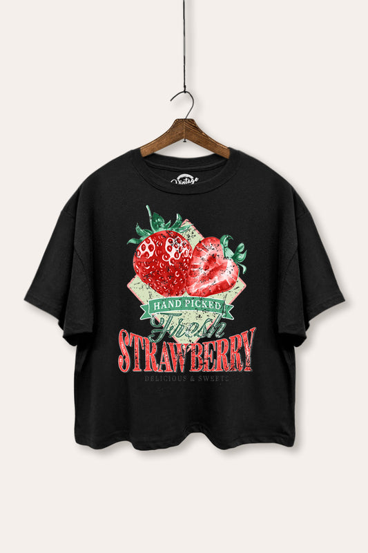 Distressed Strawberry Fruit Graphic Boxy Crop Top
