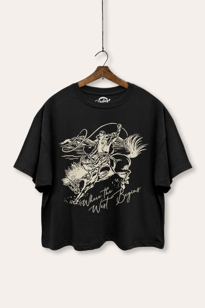 "where the west begins" cowboy boxy graphic crop top