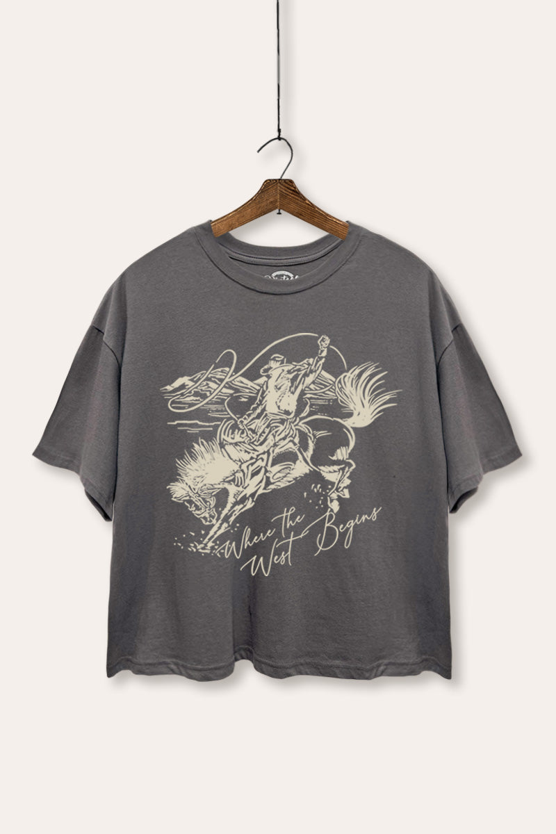 "where the west begins" cowboy boxy graphic crop top