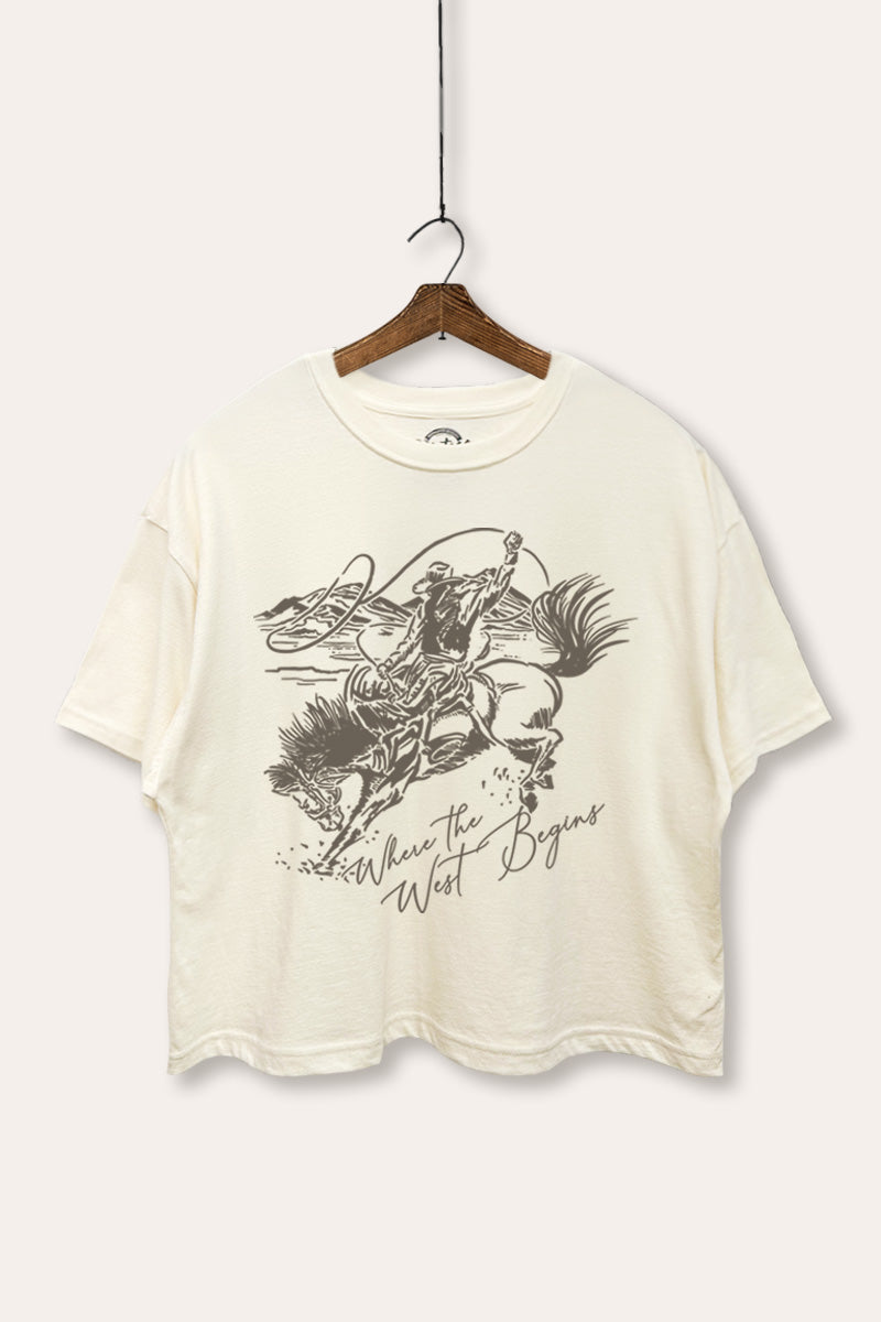 "where the west begins" cowboy boxy graphic crop top
