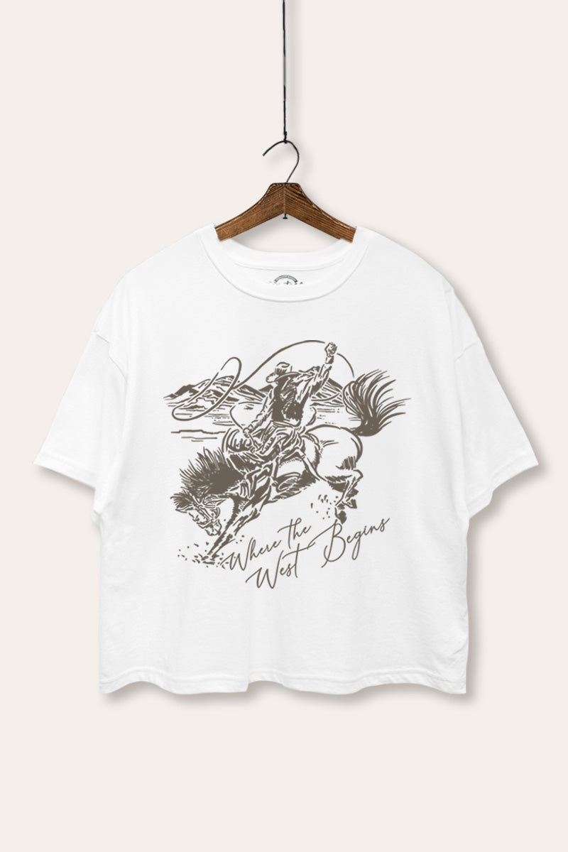 "where the west begins" cowboy boxy graphic crop top