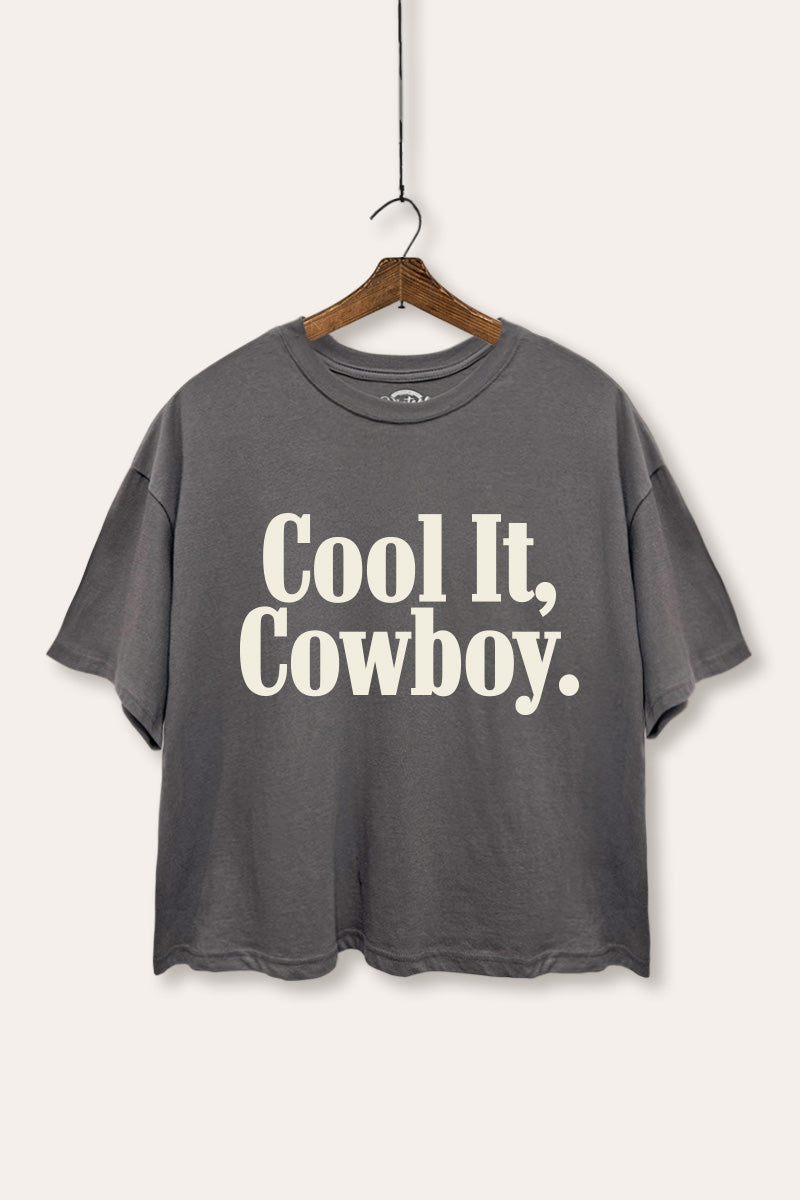 "cool it cowboy" boxy graphic crop top