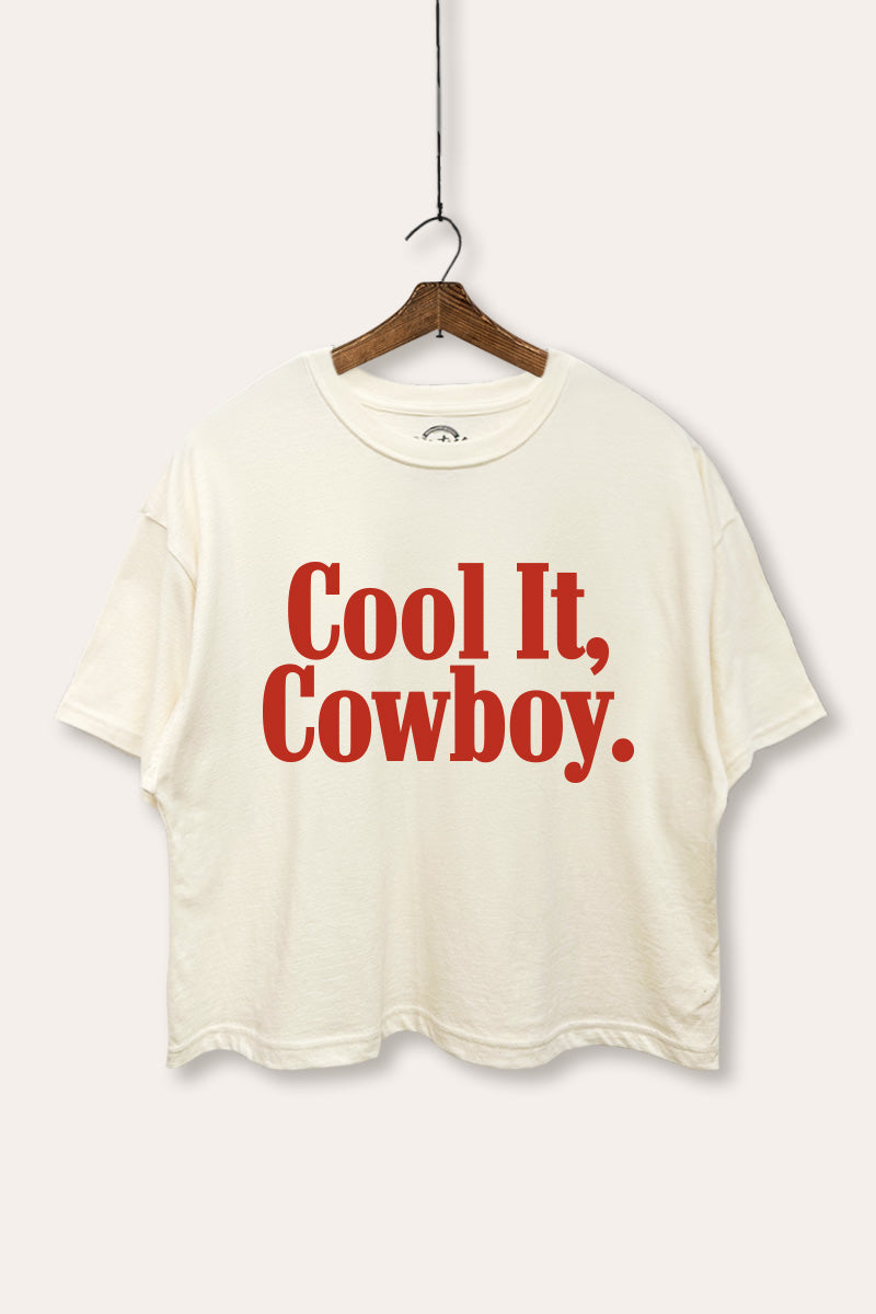 "cool it cowboy" boxy graphic crop top