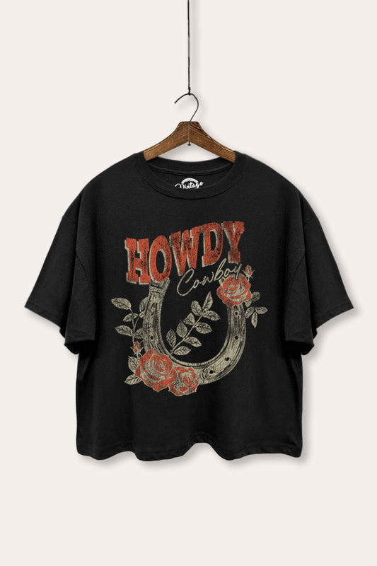 Howdy Cowboy Horseshoe Rose Graphic Boxy Crop Top