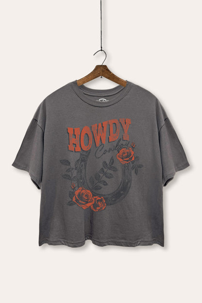 Howdy Cowboy Horseshoe Rose Graphic Boxy Crop Top