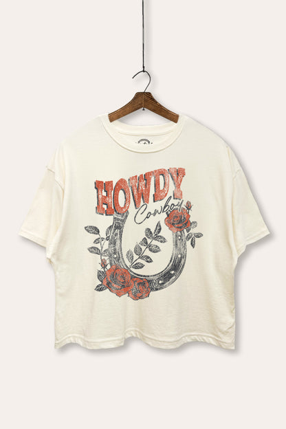 Howdy Cowboy Horseshoe Rose Graphic Boxy Crop Top